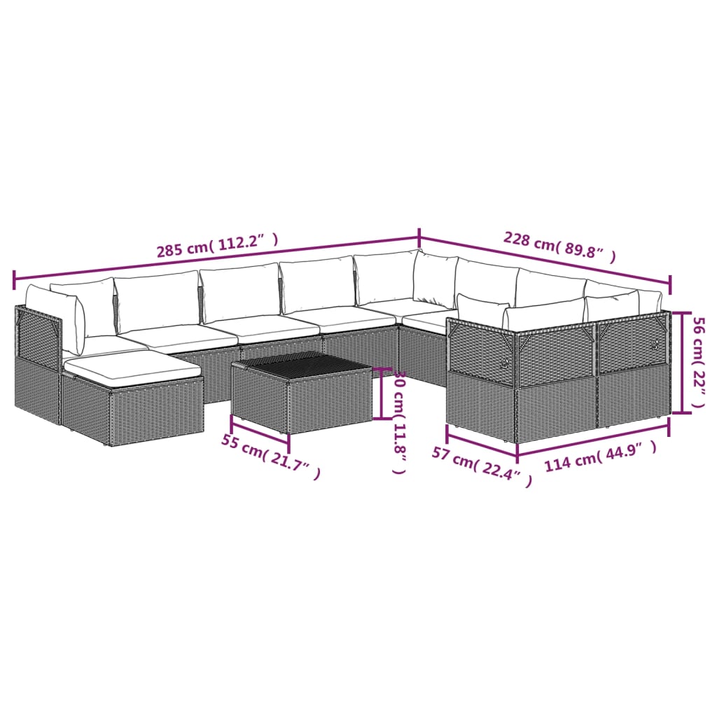 11 Piece Garden Lounge Set with Cushions Grey Poly Rattan
