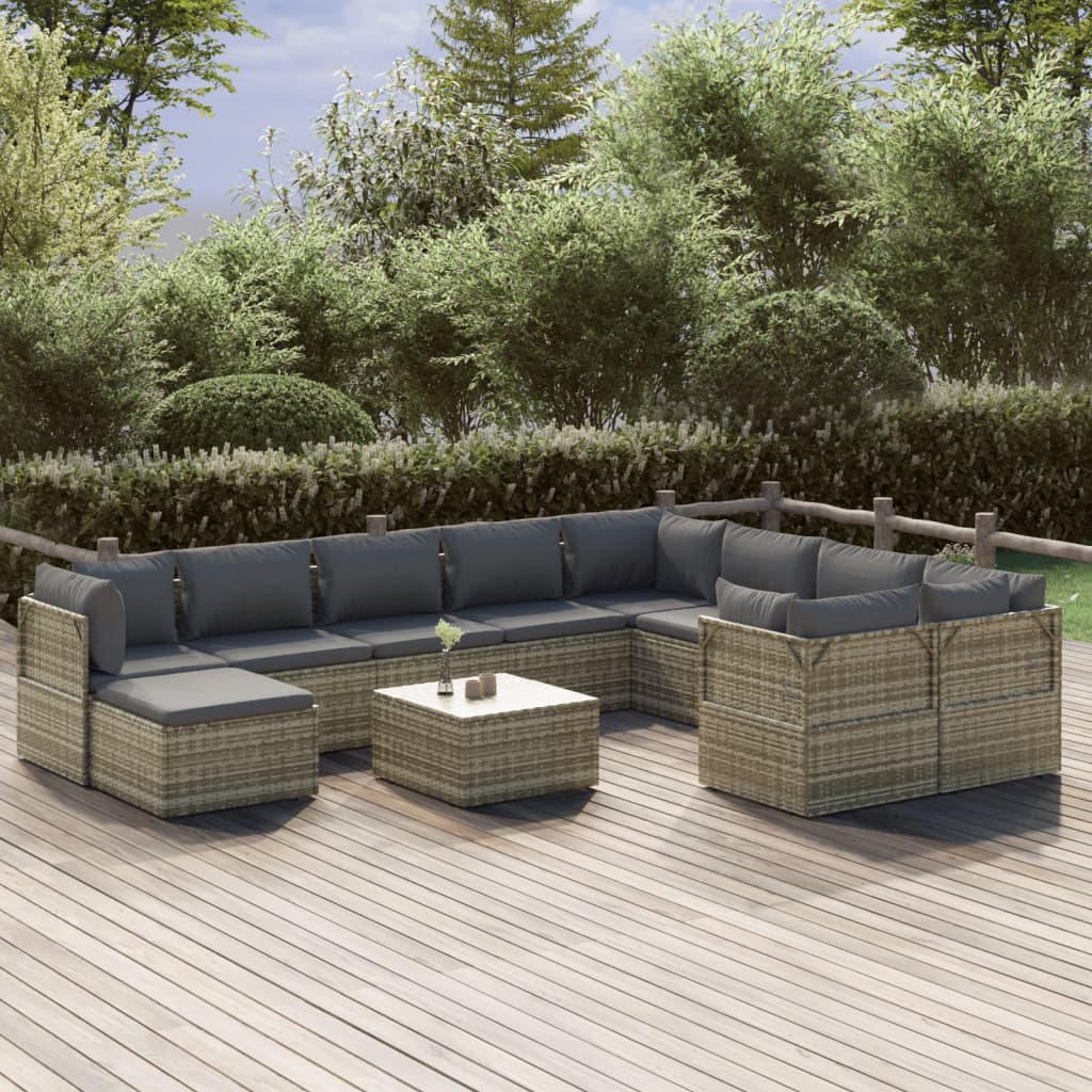 11 Piece Garden Lounge Set with Cushions Grey Poly Rattan