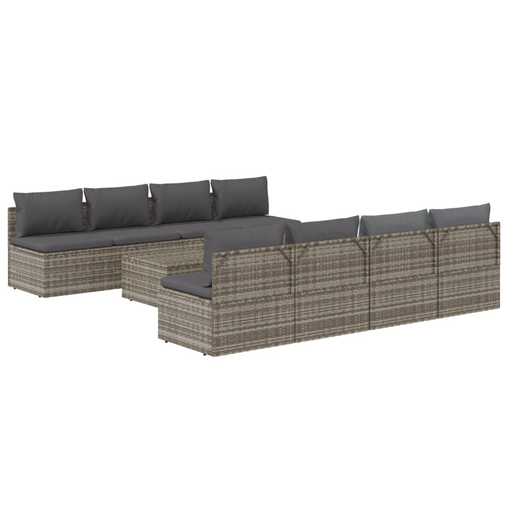 9 Piece Garden Lounge Set with Cushions Grey Poly Rattan
