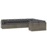 9 Piece Garden Lounge Set with Cushions Grey Poly Rattan - Front View