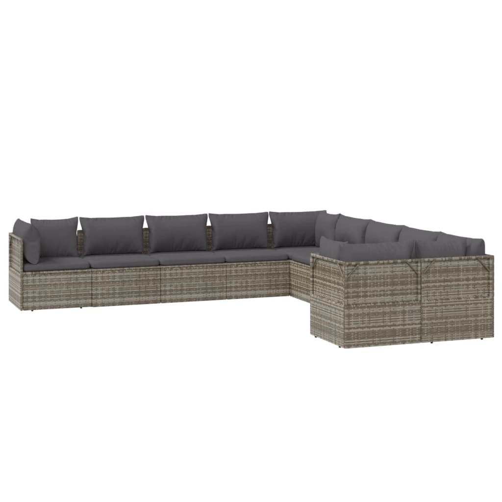 10 Piece Garden Lounge Set with Cushions Grey Poly Rattan