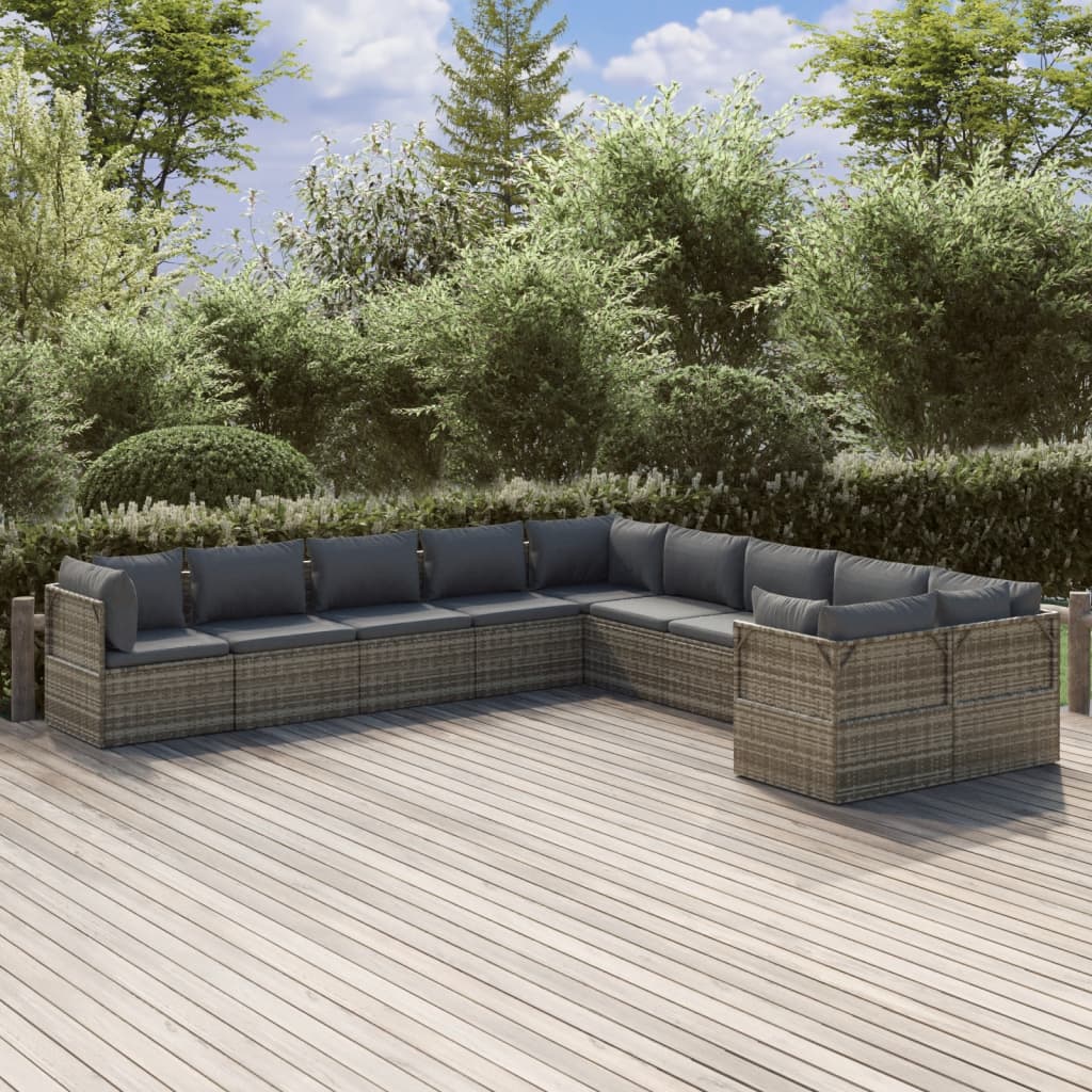 10 Piece Garden Lounge Set with Cushions Grey Poly Rattan