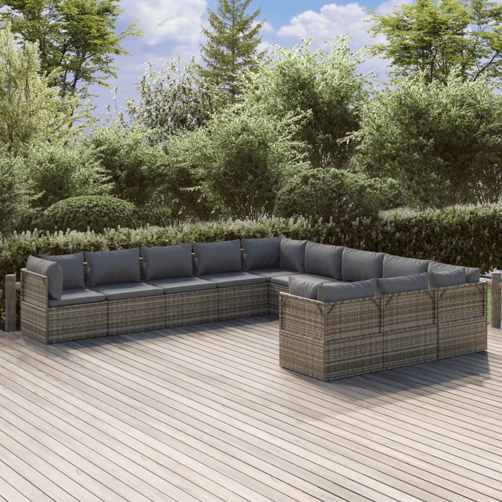 11 Piece Garden Lounge Set with Cushions Grey Poly Rattan