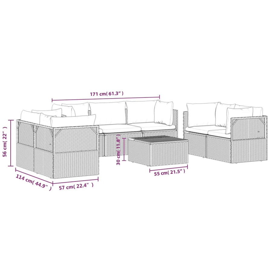 8 Piece Garden Lounge Set with Cushions Grey Poly Rattan