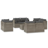 9 Piece Garden Lounge Set with Cushions Grey Poly Rattan - Front View