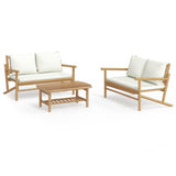 3 Piece Garden Lounge Set with Cream White Cushions Bamboo - Front View