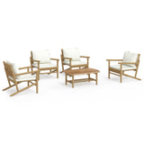 5 Piece Garden Lounge Set with Cream White Cushions Bamboo - Front View