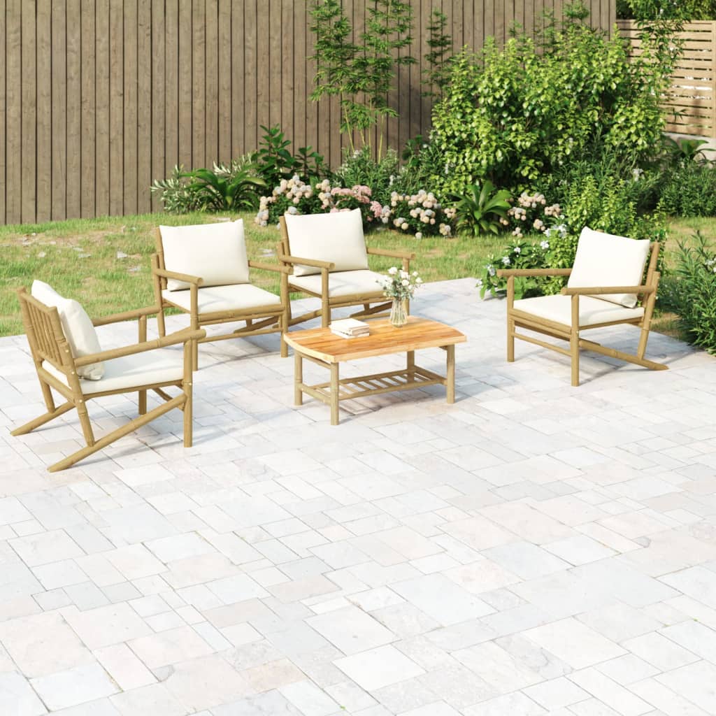 5 Piece Garden Lounge Set with Cream White Cushions Bamboo