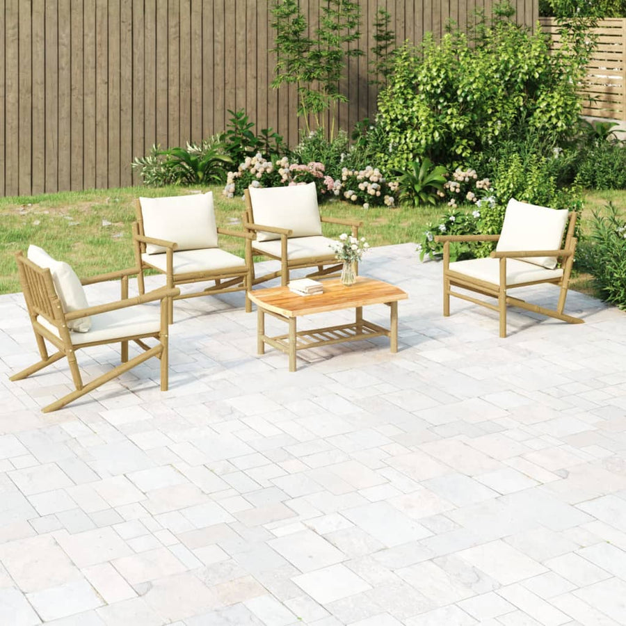5 Piece Garden Lounge Set with Cream White Cushions Bamboo