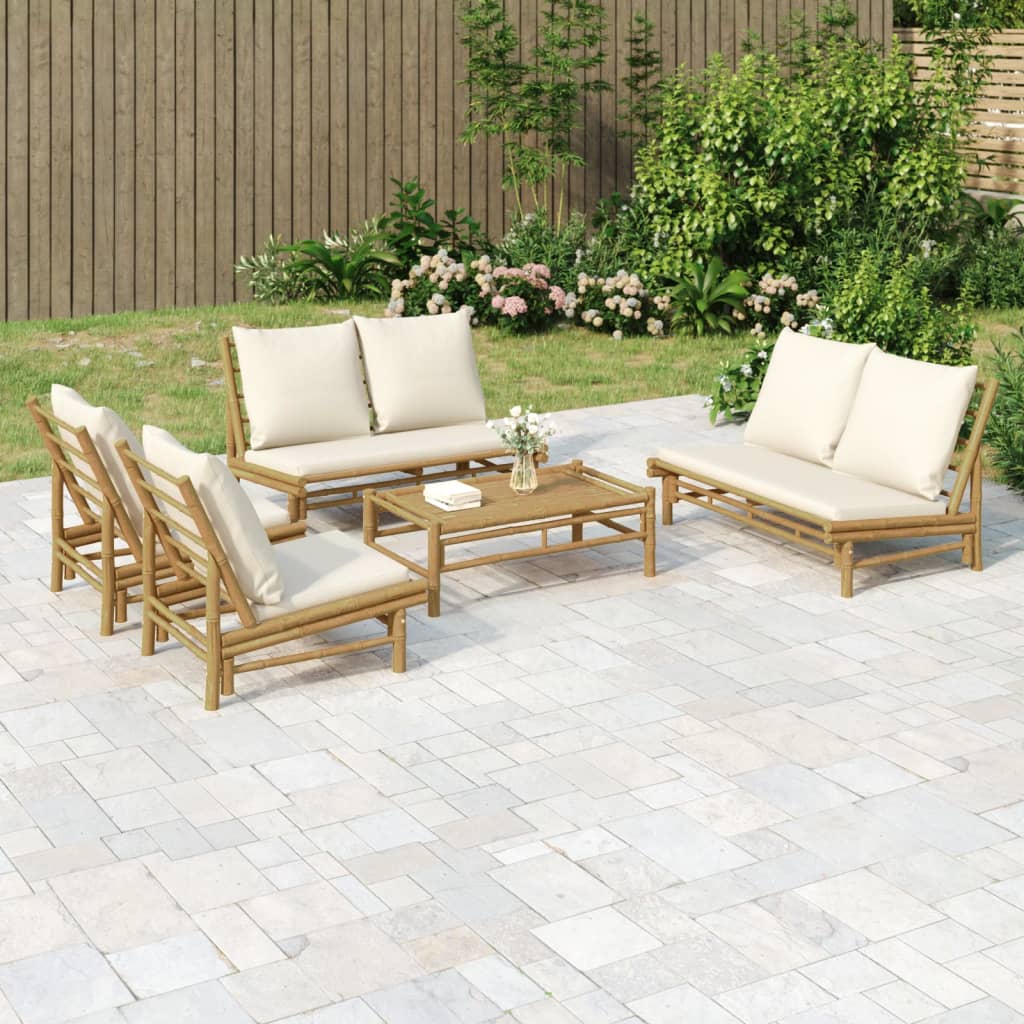 5 Piece Garden Lounge Set with Cream White Cushions Bamboo