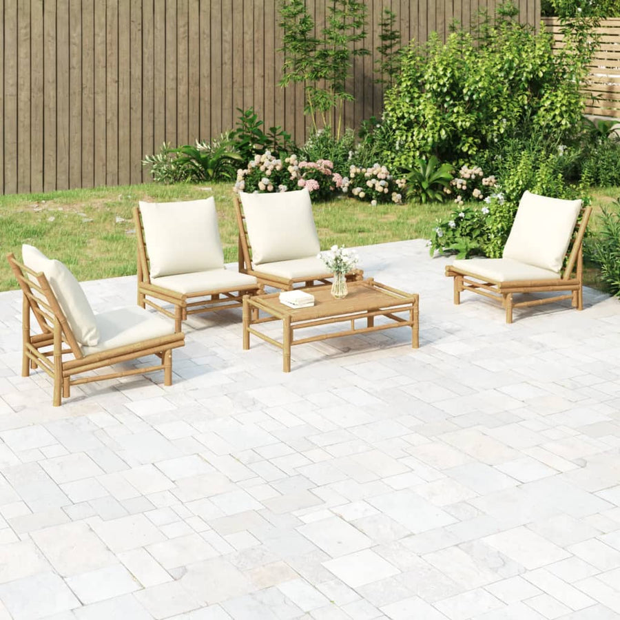 5 Piece Garden Lounge Set with Cream White Cushions Bamboo