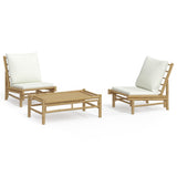 3 Piece Garden Lounge Set with Cream White Cushions Bamboo - Front View