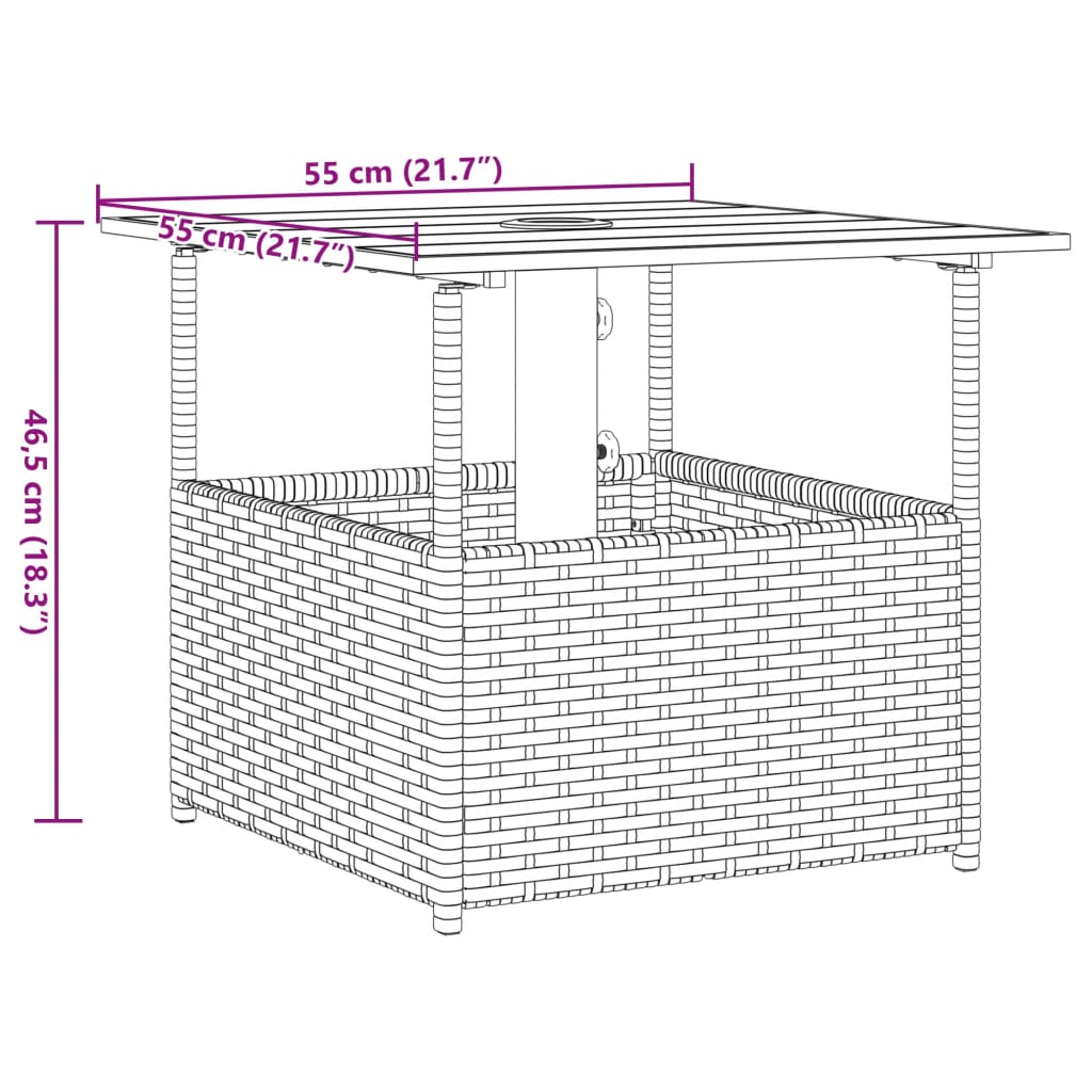Garden Table with Parasol Hole Brown 55x55x46.5 cm Poly Rattan