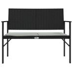 2-Seater Garden Bench with Cushion Black Poly Rattan