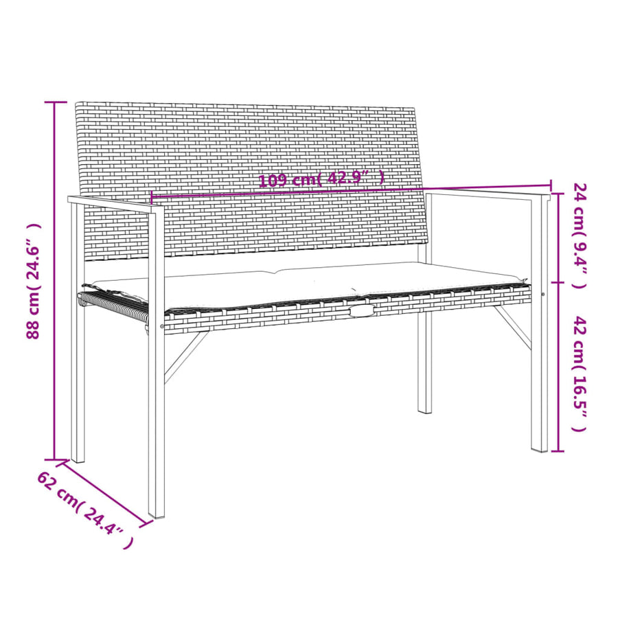 2-Seater Garden Bench with Cushion Black Poly Rattan