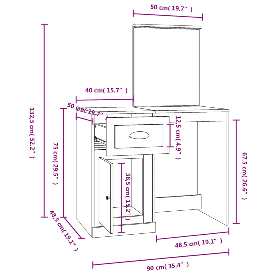 Dressing Table with Mirror Smoked Oak 90x50x132.5 cm