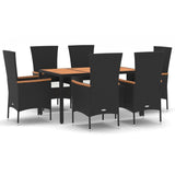 7 Piece Garden Dining Set with Cushions Black Poly Rattan - Front View
