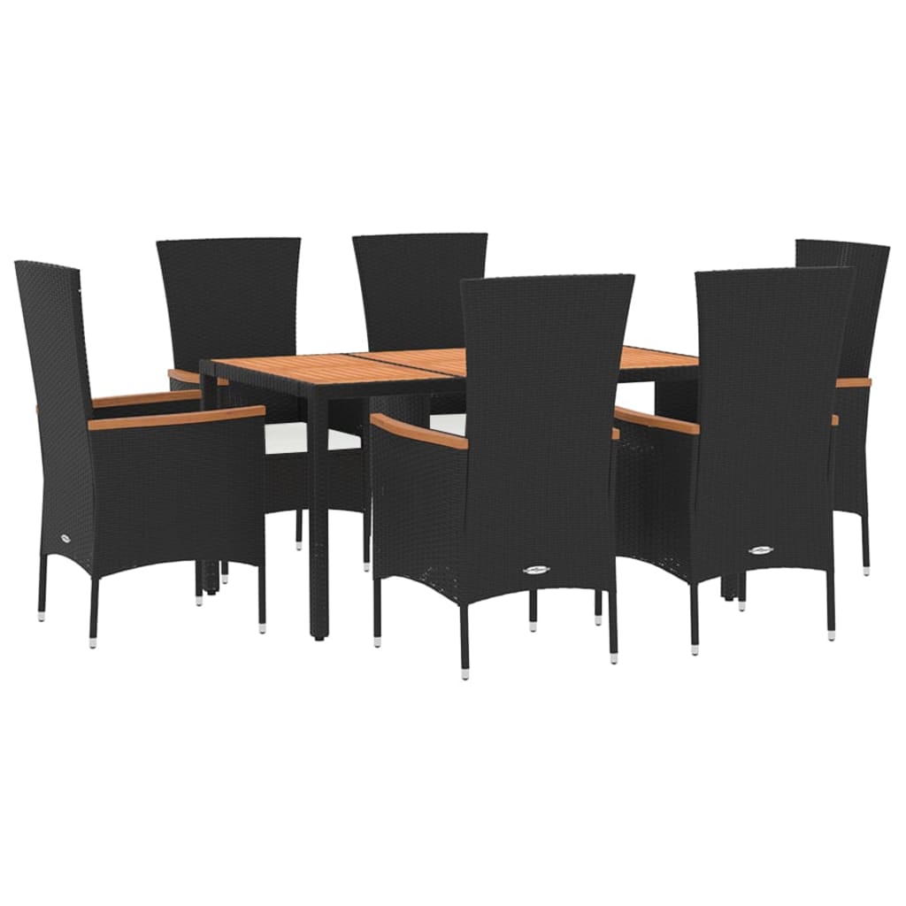 7 Piece Garden Dining Set with Cushions Black Poly Rattan