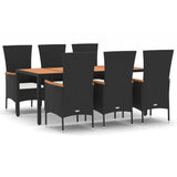 7 Piece Garden Dining Set with Cushions Black Poly Rattan - Front View