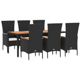 7 Piece Garden Dining Set with Cushions Black Poly Rattan - Side View