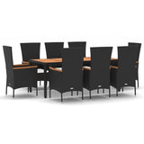9 Piece Garden Dining Set with Cushions Black Poly Rattan - Front View