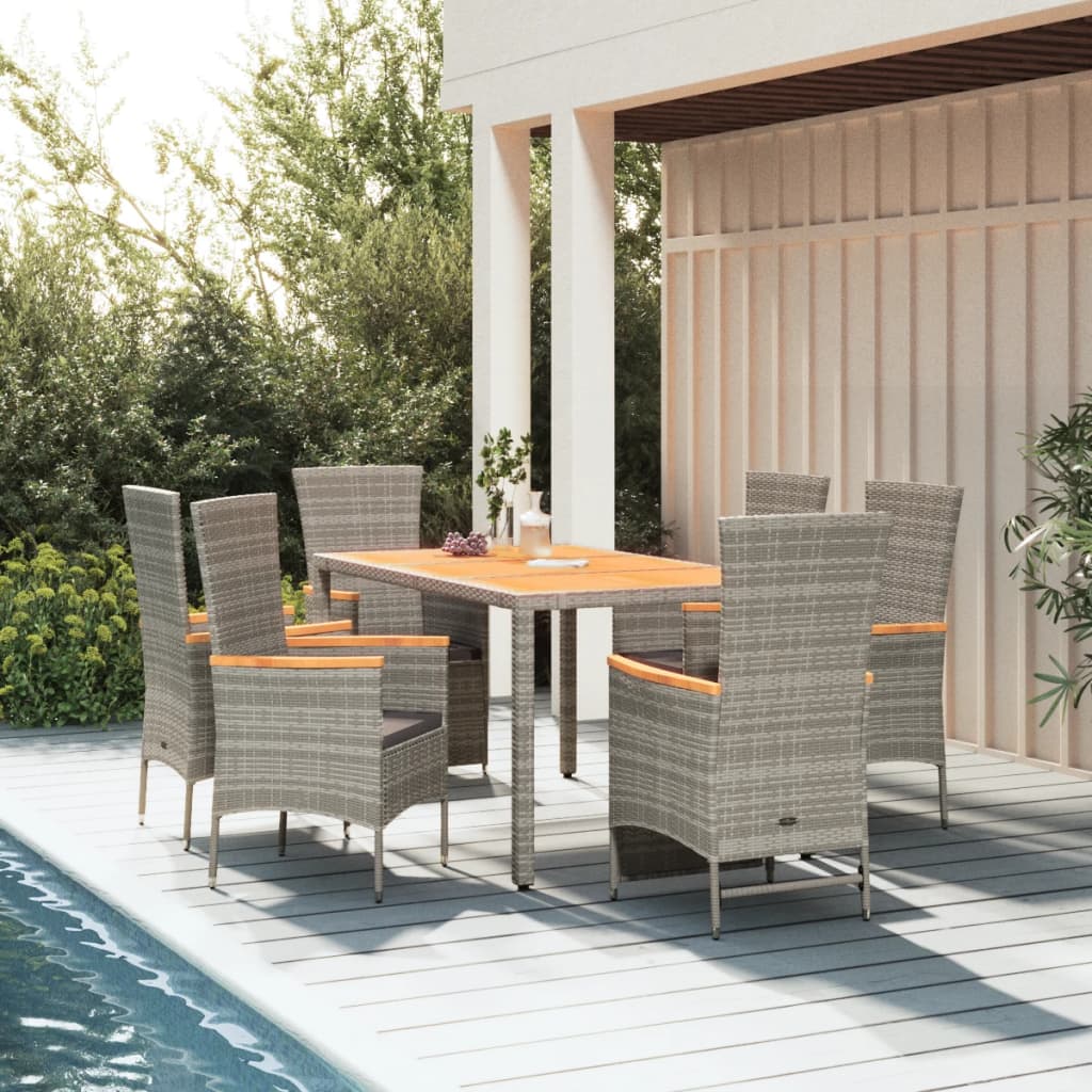 7 Piece Garden Dining Set with Cushions Grey Poly Rattan