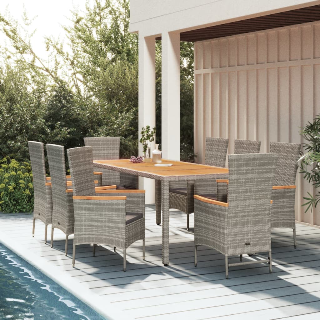9 Piece Garden Dining Set with Cushions Grey Poly Rattan