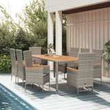 9 Piece Garden Dining Set with Cushions Grey Poly Rattan