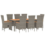 9 Piece Garden Dining Set with Cushions Grey Poly Rattan