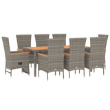 9 Piece Garden Dining Set with Cushions Grey  Poly Rattan - Side View