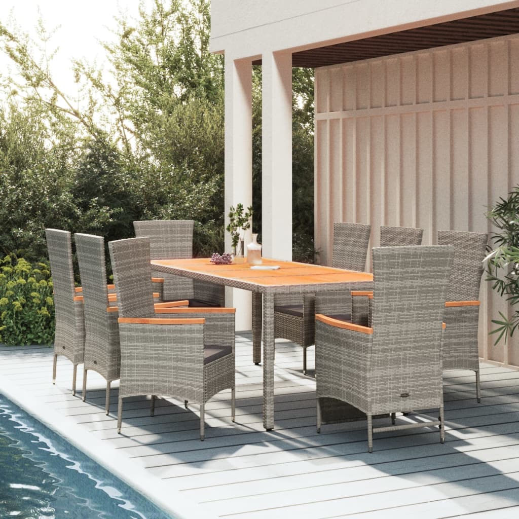 9 Piece Garden Dining Set with Cushions Grey Poly Rattan