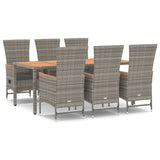 7 Piece Garden Dining Set with Cushions Grey Poly Rattan - Front View