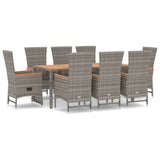 9 Piece Garden Dining Set with Cushions Grey Poly Rattan - Front View