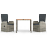 3 Piece Garden Dining Set with Cushions Grey Poly Rattan - Front View