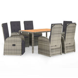 7 Piece Garden Dining Set with Cushions Grey Poly Rattan - Front View