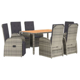 7 Piece Garden Dining Set with Cushions Grey Poly Rattan - Side View