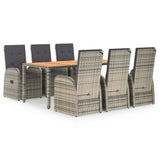 7 Piece Garden Dining Set with Cushions Grey Poly Rattan - Front View