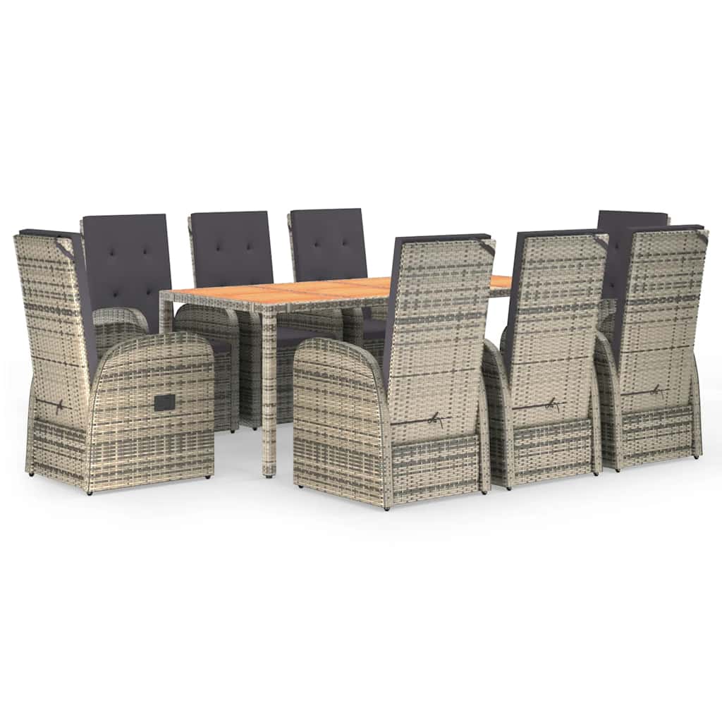 9 Piece Garden Dining Set with Cushions Grey Poly Rattan