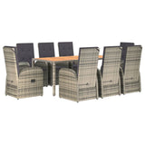 9 Piece Garden Dining Set with Cushions Grey Poly Rattan
