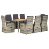 9 Piece Garden Dining Set with Cushions Grey Poly Rattan - Side View