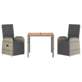 3 Piece Garden Dining Set with Cushions Grey Poly Rattan - Side View