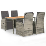 5 Piece Garden Dining Set with Cushions Grey Poly Rattan - Front View