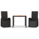 3 Piece Garden Dining Set with Cushions Black Poly Rattan
