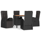 5 Piece Garden Dining Set with Cushions Black Poly Rattan - Front View