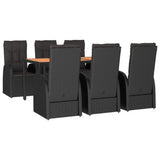 7 Piece Garden Dining Set with Cushions Black Poly Rattan - Side View