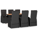 7 Piece Garden Dining Set with Cushions Black Poly Rattan - Front View