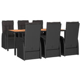 7 Piece Garden Dining Set with Cushions Black Poly Rattan - Side View