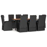 9 Piece Garden Dining Set with Cushions Black Poly Rattan - Front View