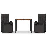 3 Piece Garden Dining Set Black Poly Rattan&Solid Wood Acacia - Front View