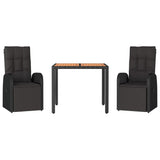 3 Piece Garden Dining Set Black Poly Rattan&Solid Wood Acacia - Side View